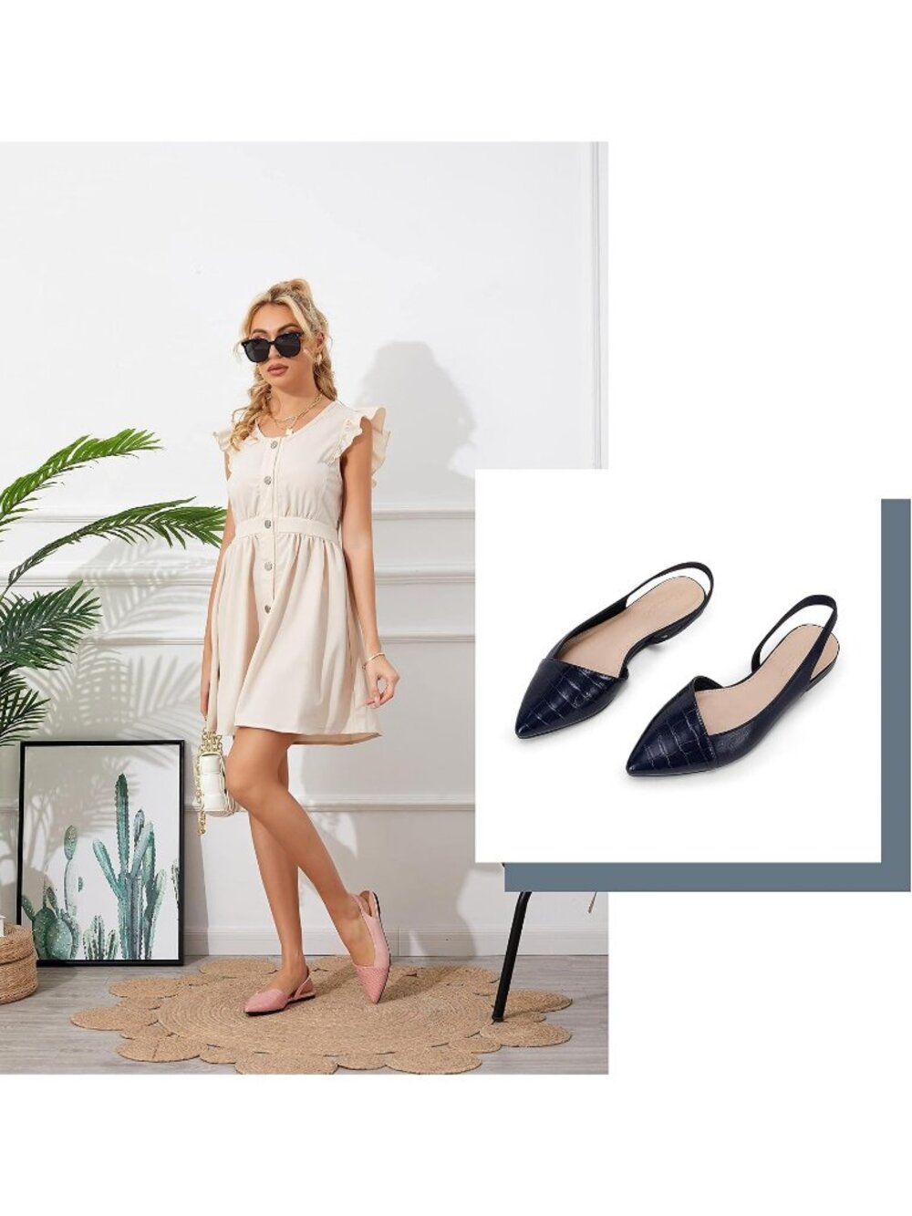 Women's Navy Closed Pointed Toe Flats Slip on Cutout Animal Print Mules Sandals - Picture 2 of 4